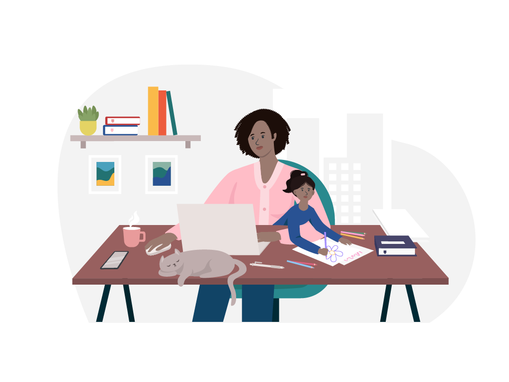 Mutter, die von zuhause aus arbeitet sitzt am Schreibtisch vor ihrem Laptop. Auf ihrem Schoß sitzt ihre Tochter, die nebenbei etwas malt.