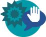 Rundes Icon, das für den Seitenbereich "Miteinander Reden" steht. Dargestellt sind ein Explosionssymbol, das Symbol einer Stop-Hand und eine Sprechblase. Die Farben sind türkis, dunkeltürkis, weiß und blau.