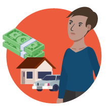 Rundes Icon, das für den Inhaltsbereich "Trennung ökonomisch durchdenken" steht. Gezeigt wird eine Frau um die 40, die mit besorgter Mimik auf die Vermögenssymbole Haus, Auto und Geldbündel, blickt.