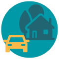 Rundes Icon, das für den Seitenbereich "Vermögensrechtliche Fragen" steht. Das Icon zeigt die Symbole Haus und Auto in den Farben türkis, dunkeltürkis und gelb.