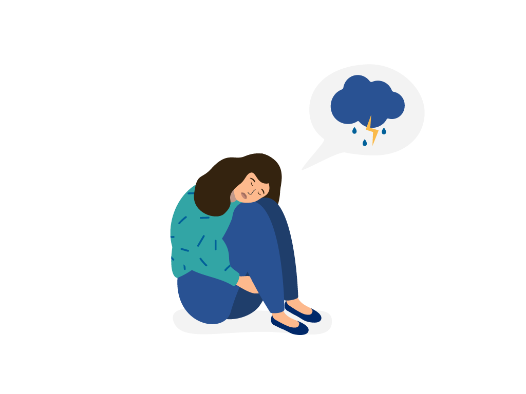 Ein Mädchen sitzt traurig am Boden und lehnt ihren Kopf auf ihre Knie. In einer Sprechblase neben ihr sieht man eine Gewitterwolke.