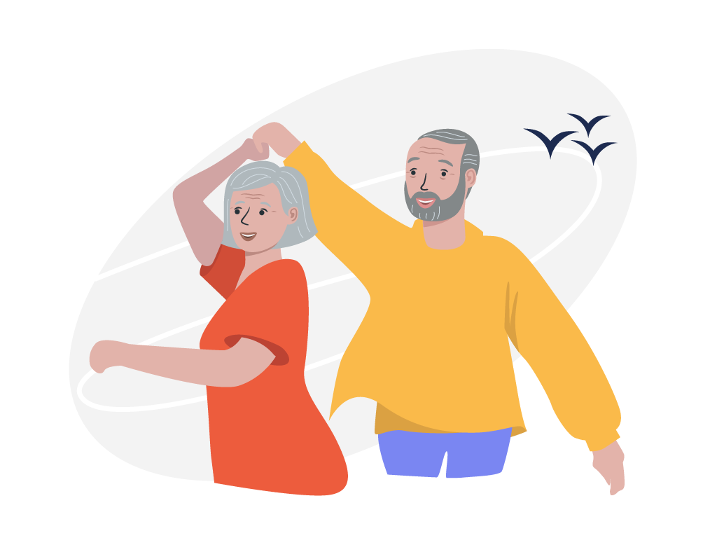 Älteres Paar tanzt gemeinsam. Mann hält Frau bei der Hand, diese dreht sich unter seinem Arm.