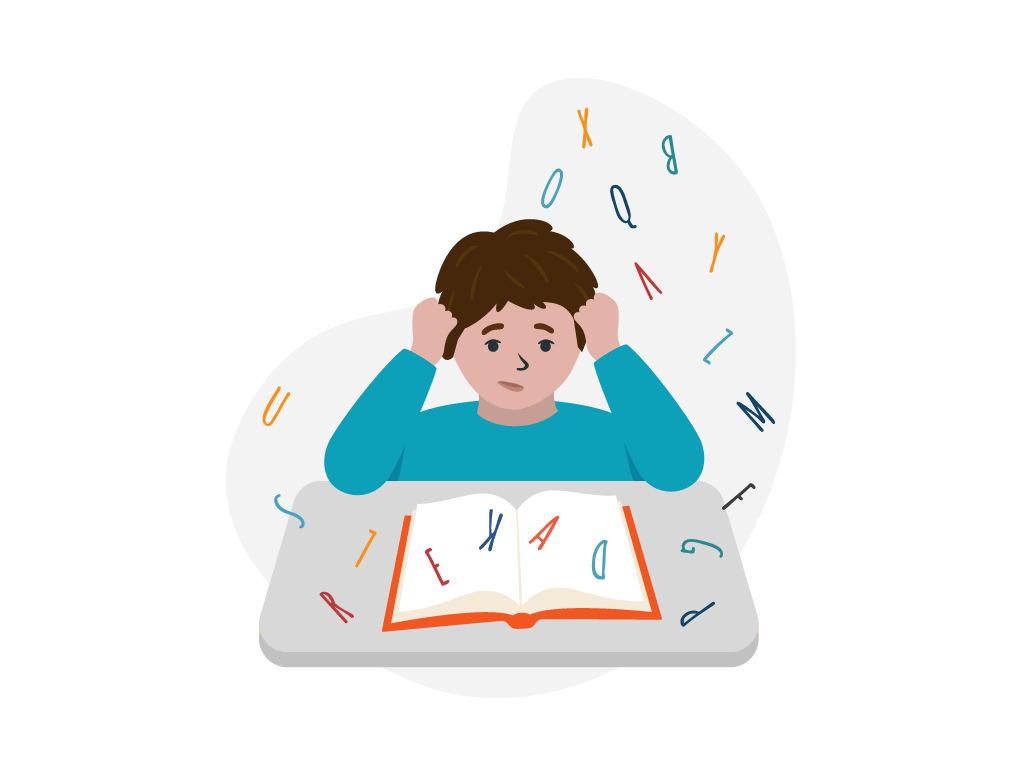 Kind, das unkonzentriert vor einem aufgeschlagenen Buch sitzt und die Hände an die Stirn stützt. Um das Kind rum schwirren viele Buchstaben.